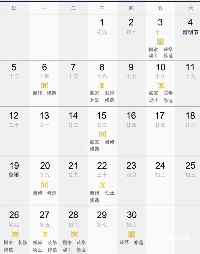 2021年4月份裝修吉日