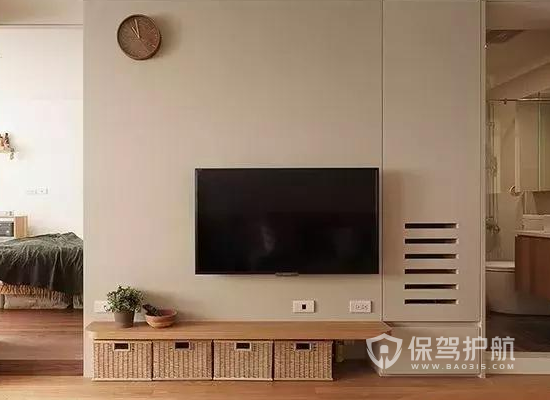 简约日式电视墙装饰装修图    家装中常用的灯光是黄色,柔和且温馨
