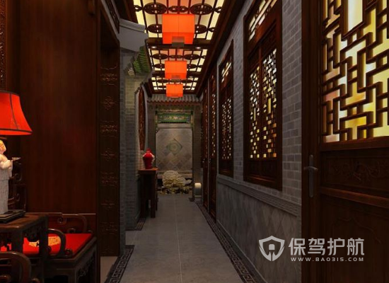 中式饭店店内走廊设计效果图