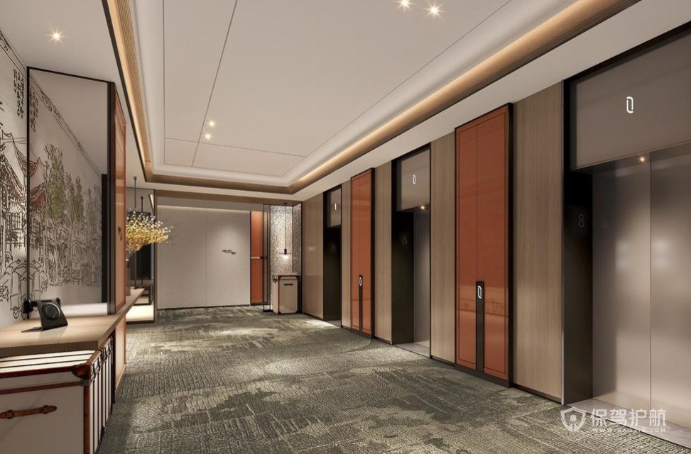 新中式风格商务酒店电梯走廊装修效果图