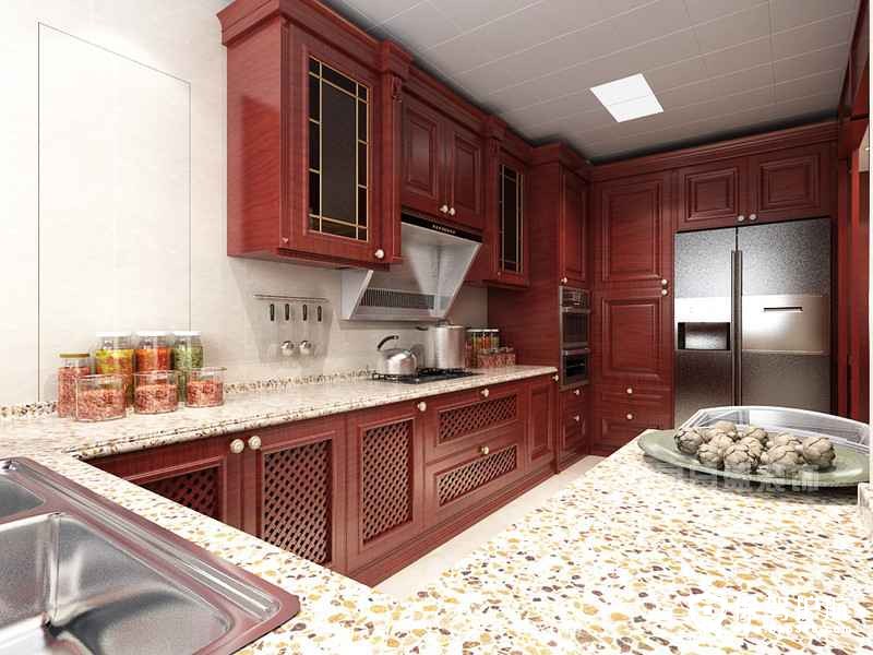 红色橱柜搭配花色大理石,你会喜欢这样的厨房设计吗?