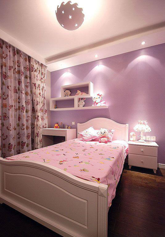 简约风格,儿童房,粉色,可爱,床,床头柜,窗帘,灯具,书桌,卧室背景墙