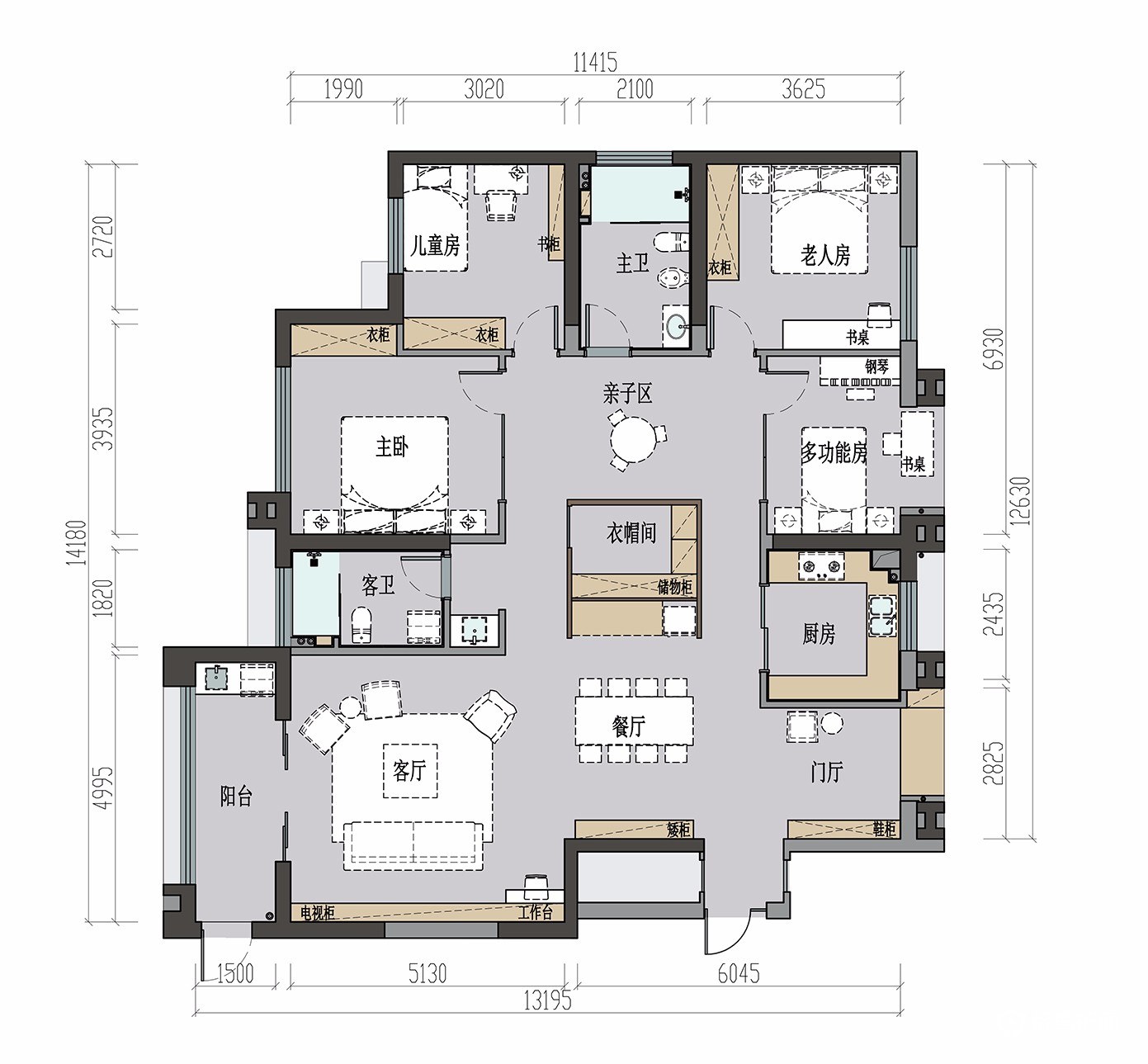 180平5室戶型圖180平5室戶型屬於大戶型,這樣的戶型非常適合三代同堂