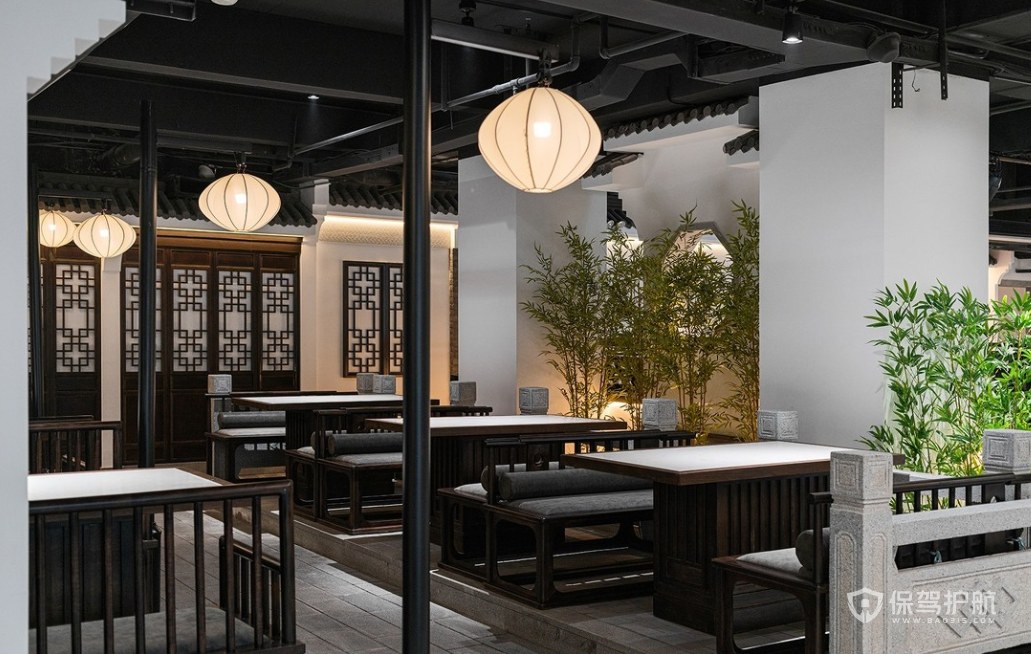 新中式风格饭店桌椅摆放效果图