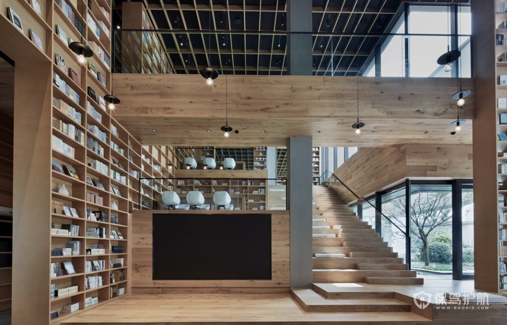 日式原木风格书店楼梯装修效果图