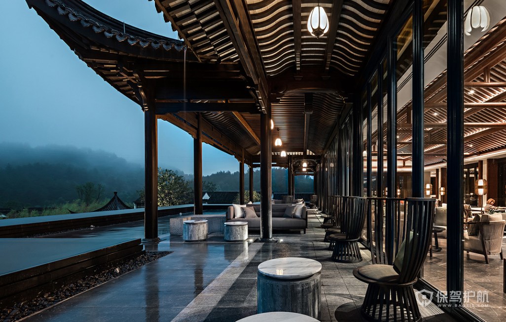 新中式风格度假酒店观景台装修效果图
