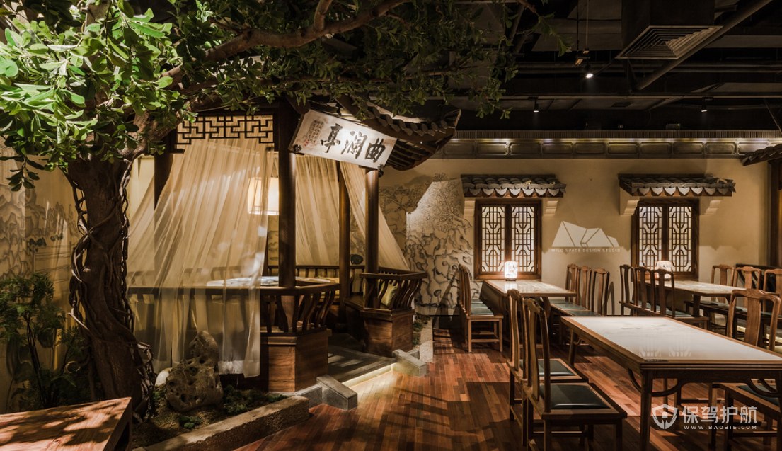复古中式风格中餐馆座位摆放效果图
