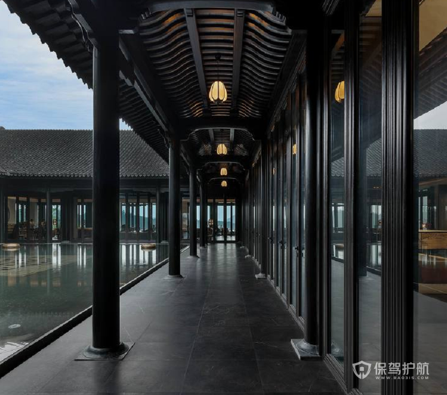 新中式风格度假酒店门厅走廊装修效果图