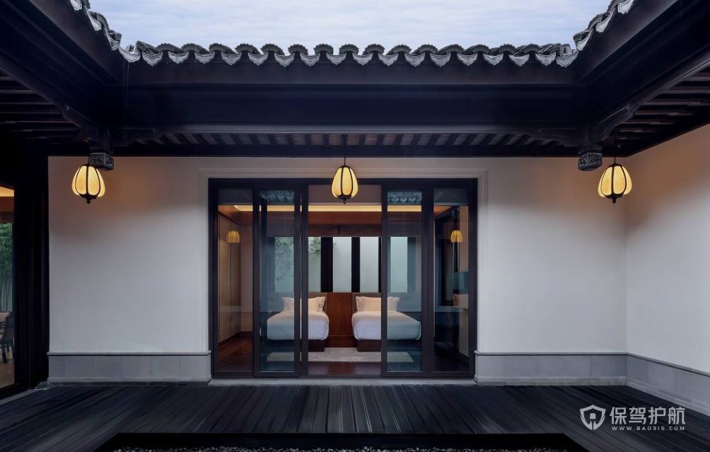 复古中国风度假酒店客房门厅装修效果图