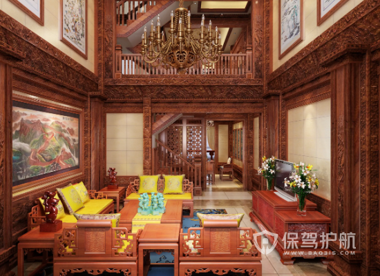 中式古典风格复式楼客厅装修实景图